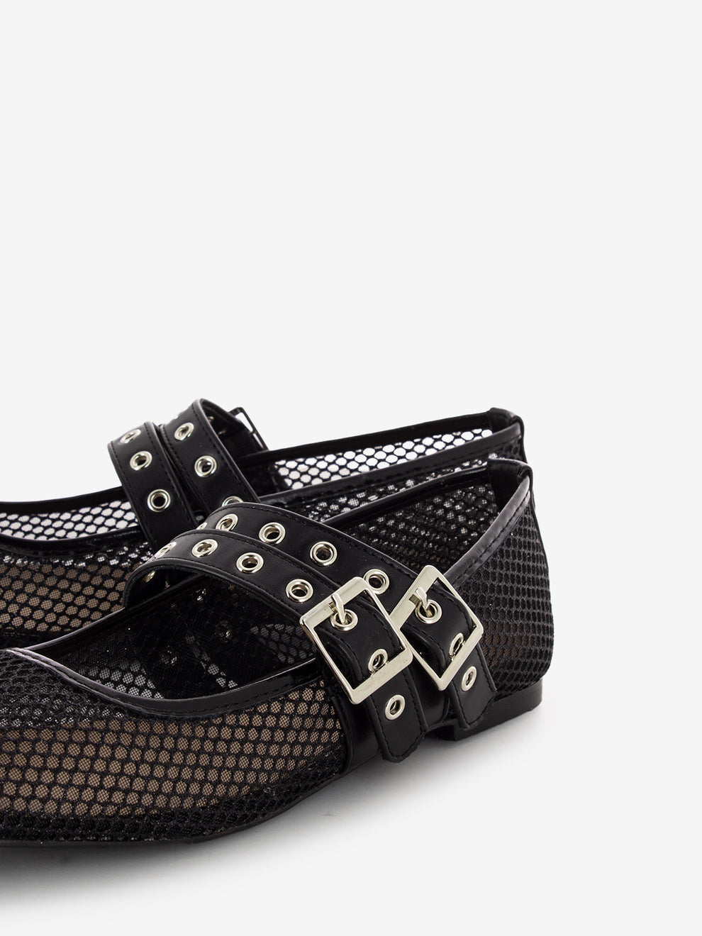 Black double buckle mesh ballerinas