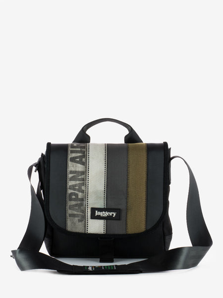 Cafe satchel in olive green cargo black canvas and leather