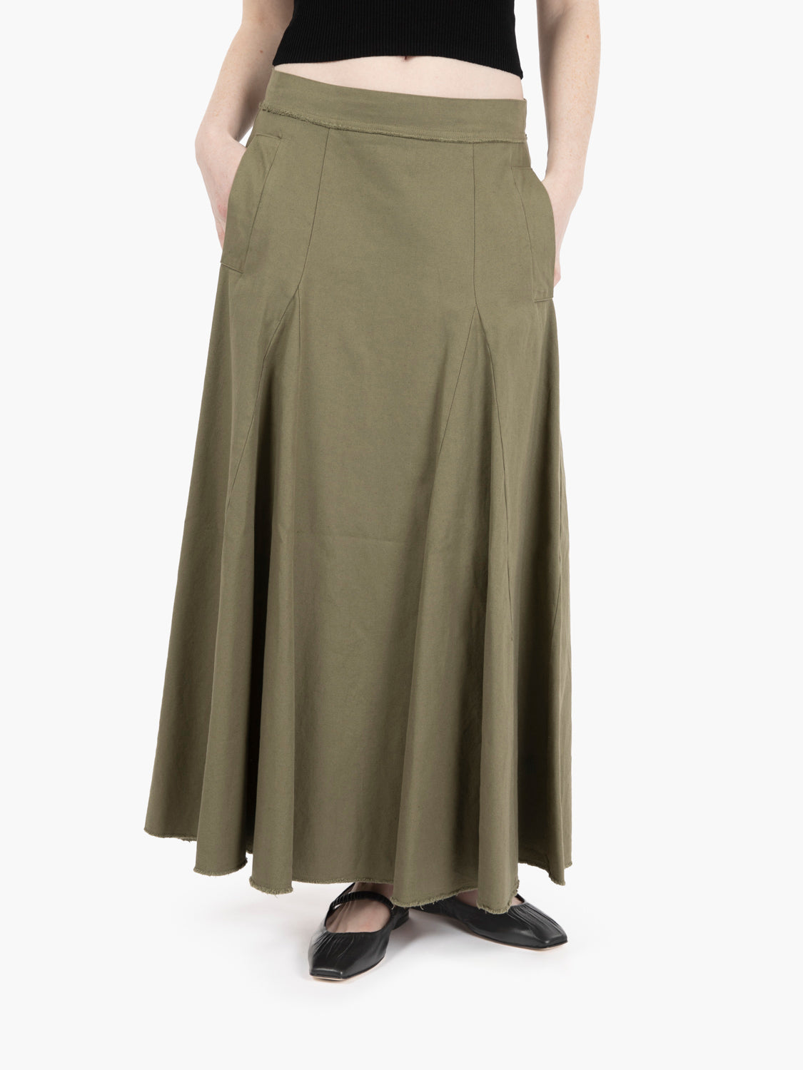 Military green long flared skirt