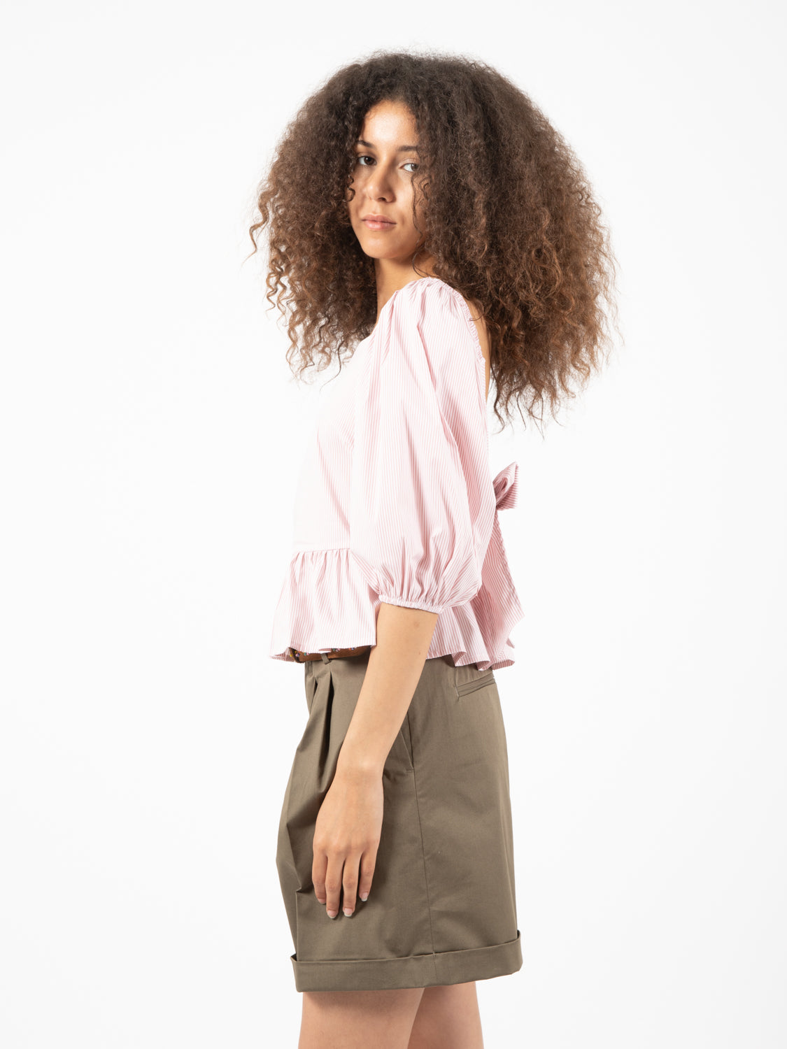 Blusa a righe con fiocco rosa antico