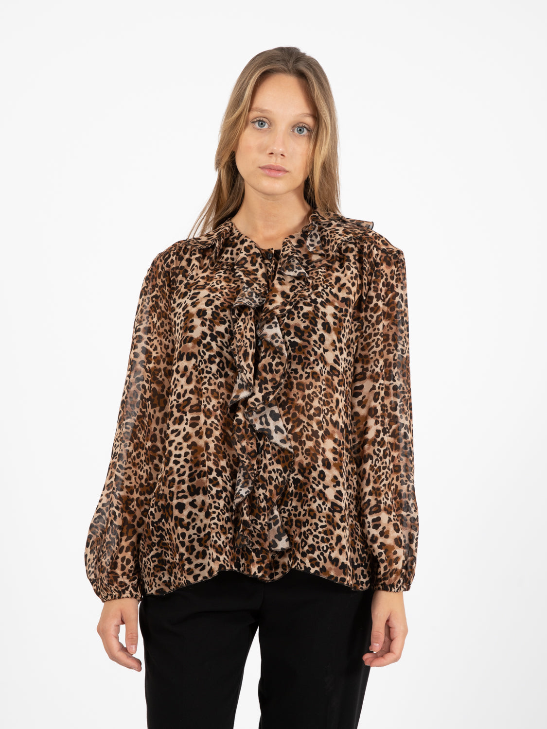 Camicia con rouches animalier marrone / nero