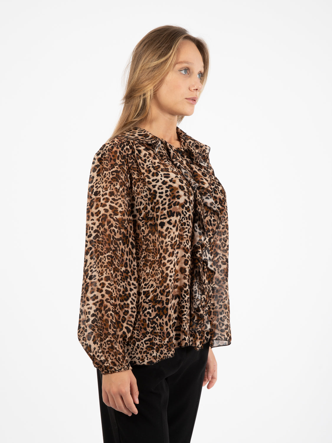 Camicia con rouches animalier marrone / nero
