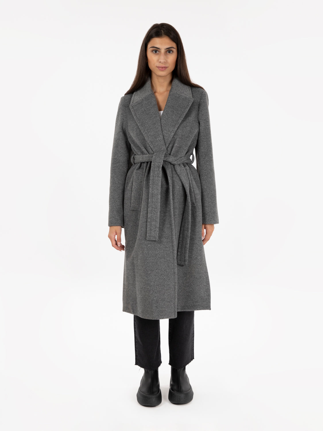 Cappotto con cintura grigio melange