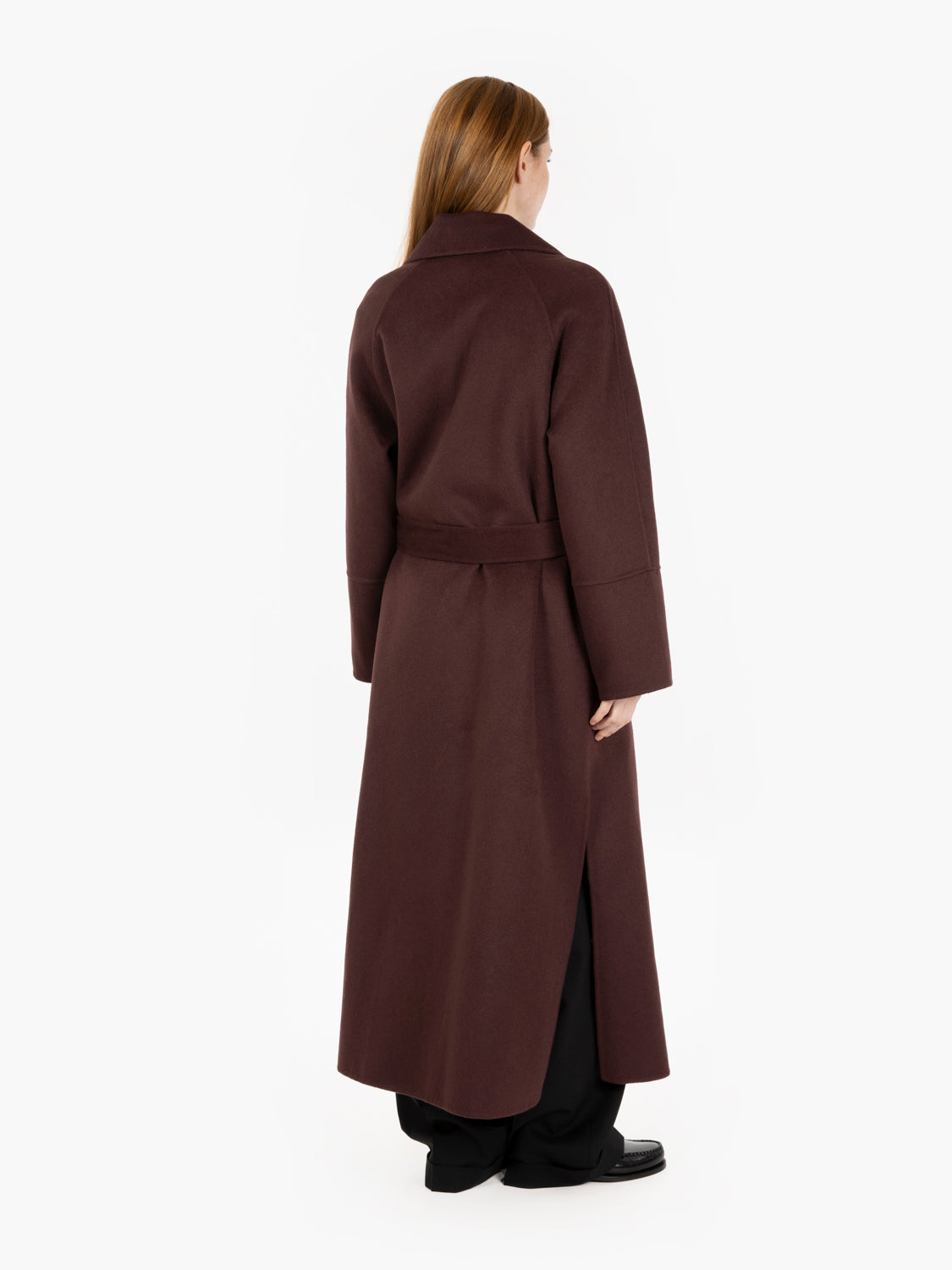 Coat with burgundy sash