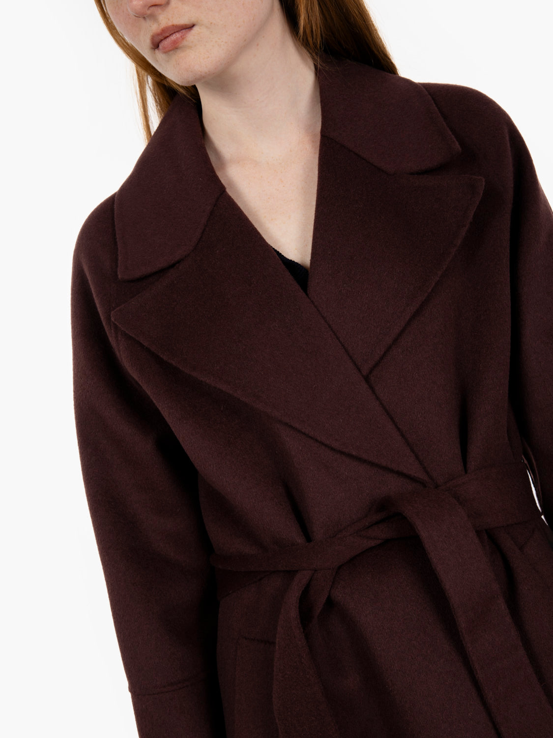Coat with burgundy sash