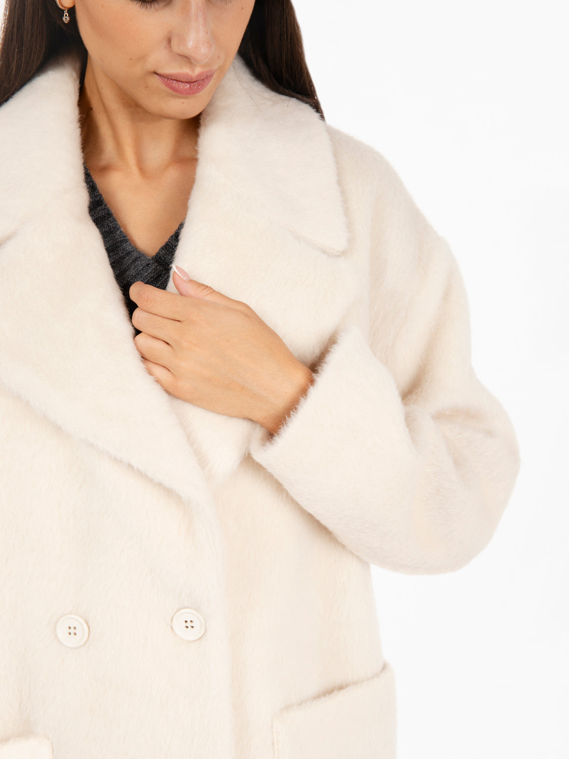 Cappotto fluffy doppiopetto panna