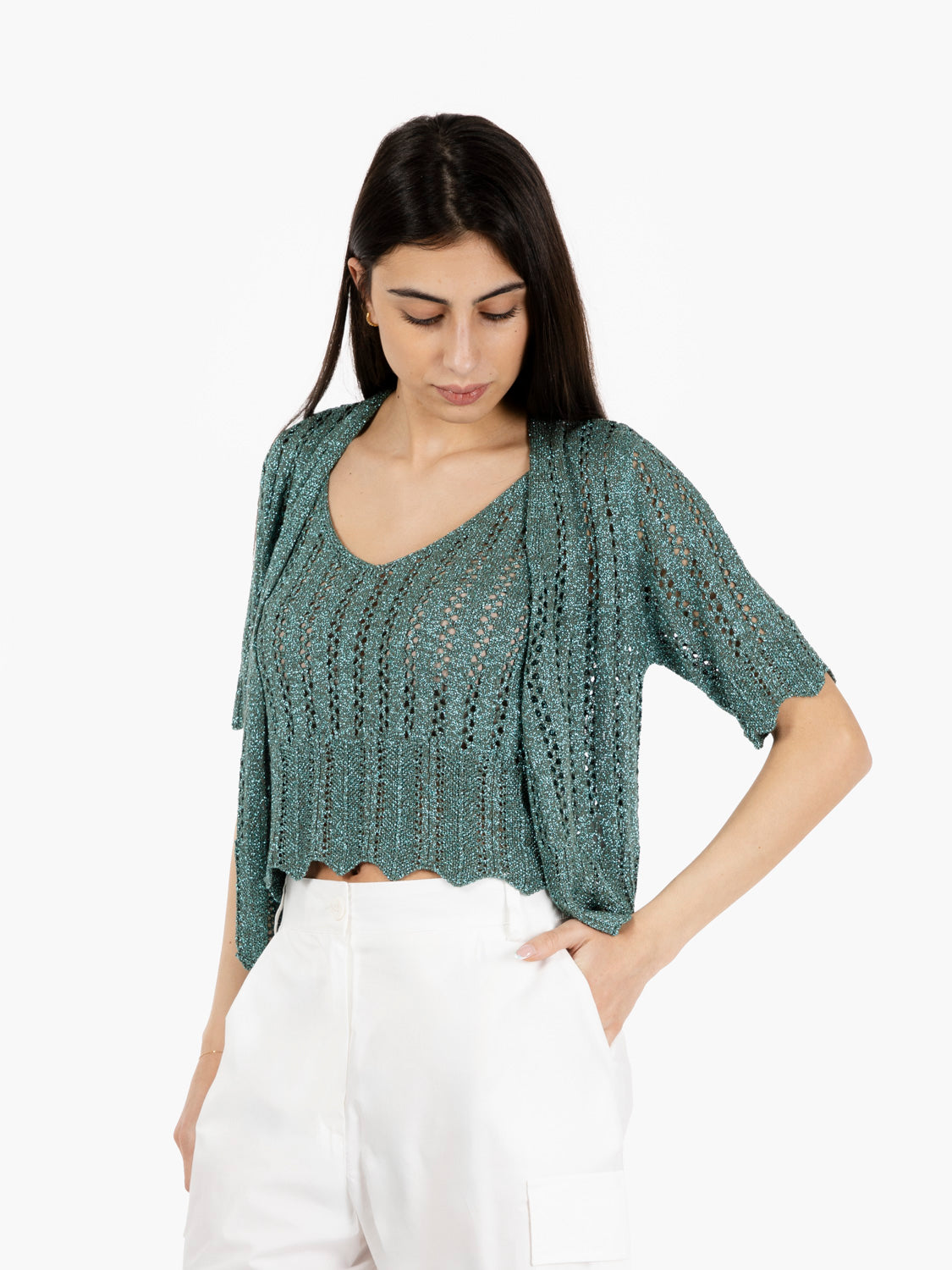 Kaos 3/4 length perforated shrug in sage - Main Image
