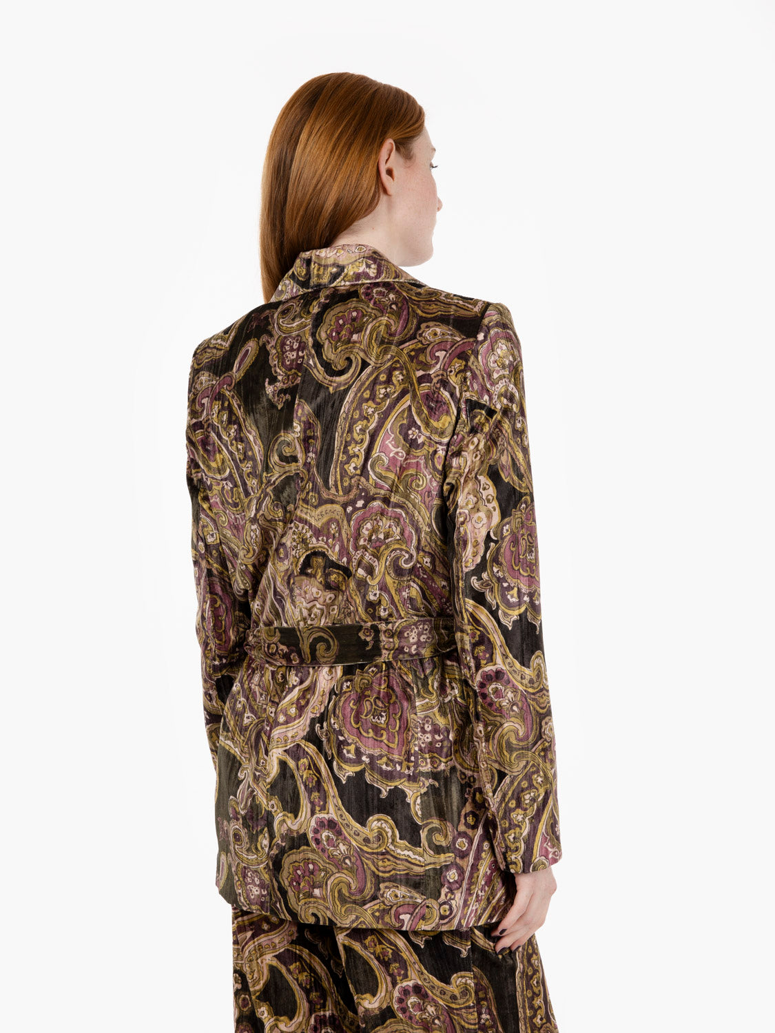 Multicolor printed velvet belted jacket