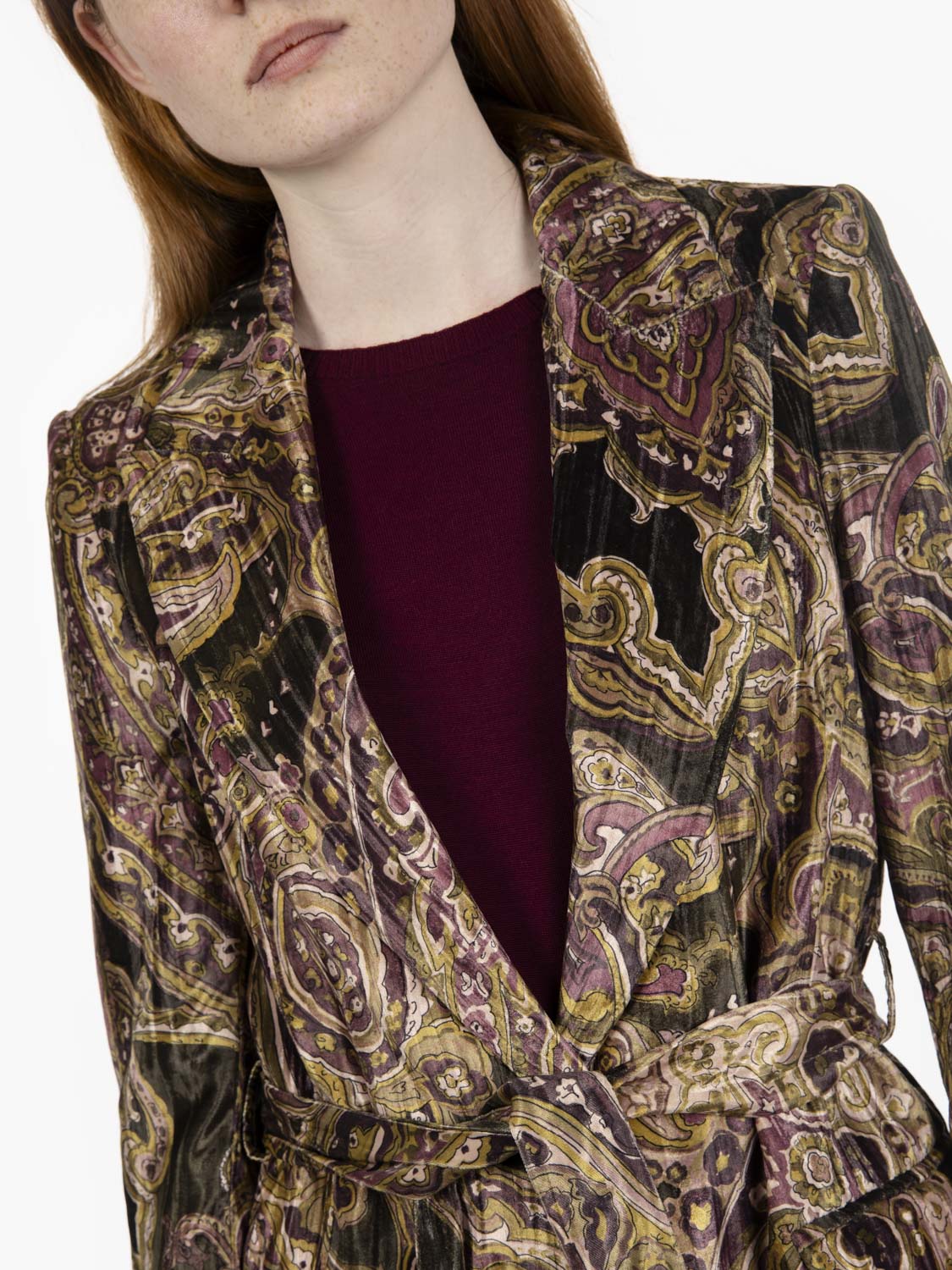 Multicolor printed velvet belted jacket