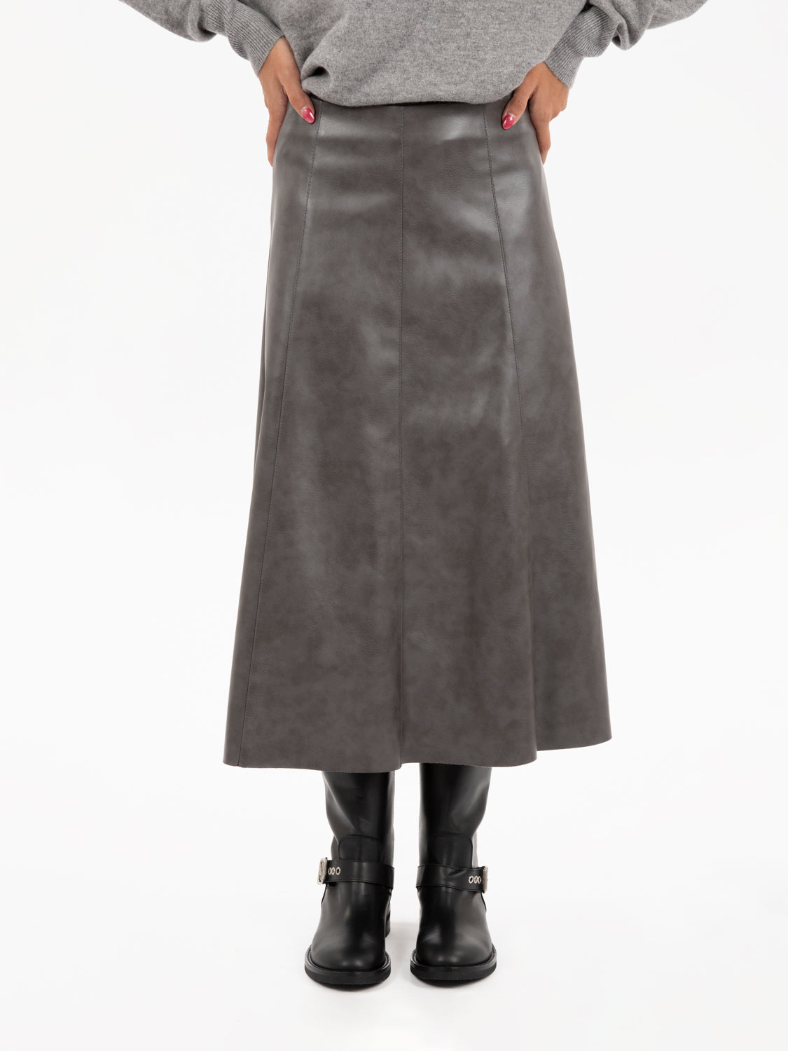 Grey faux leather midi skirt