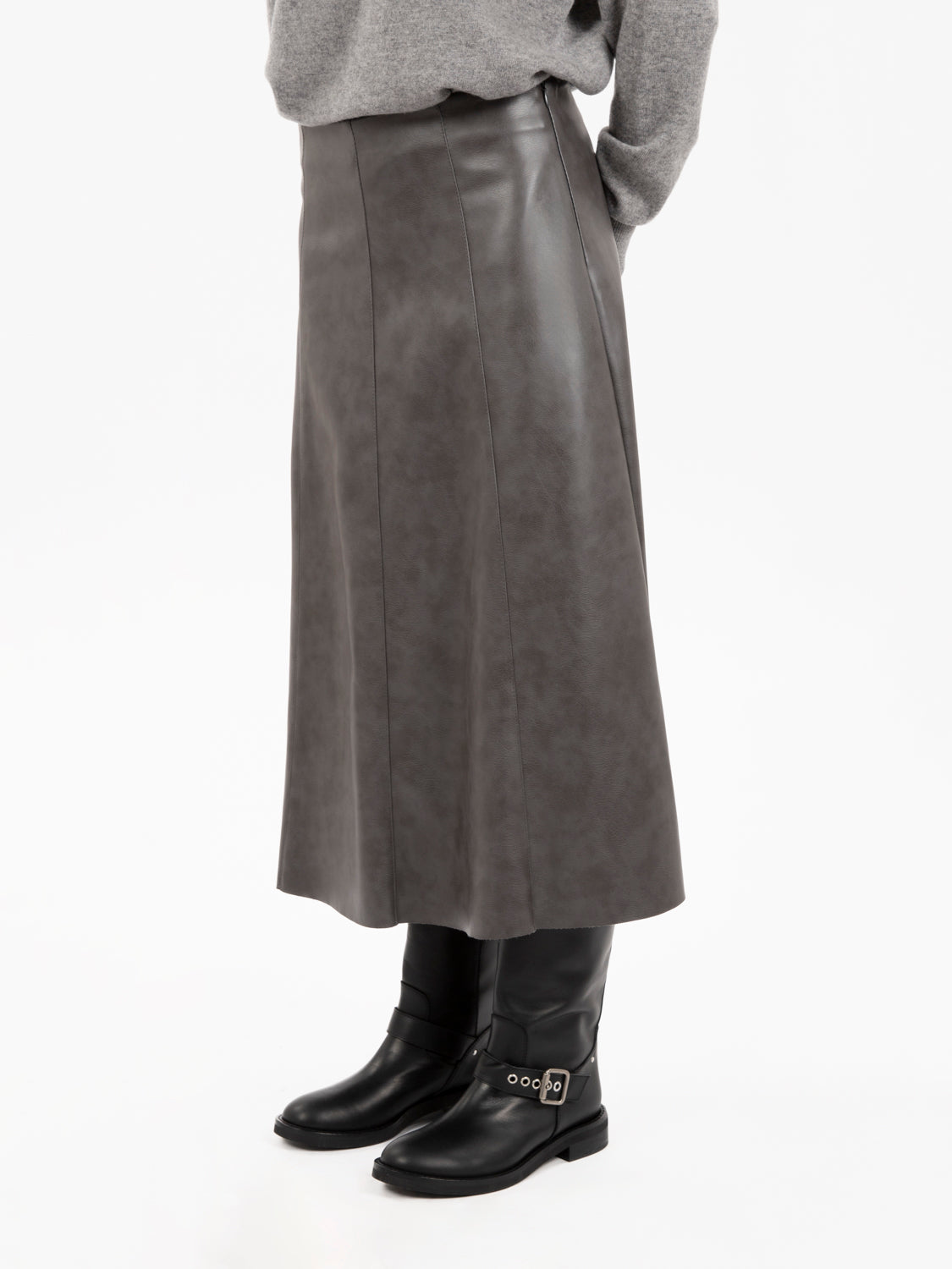 Grey faux leather midi skirt