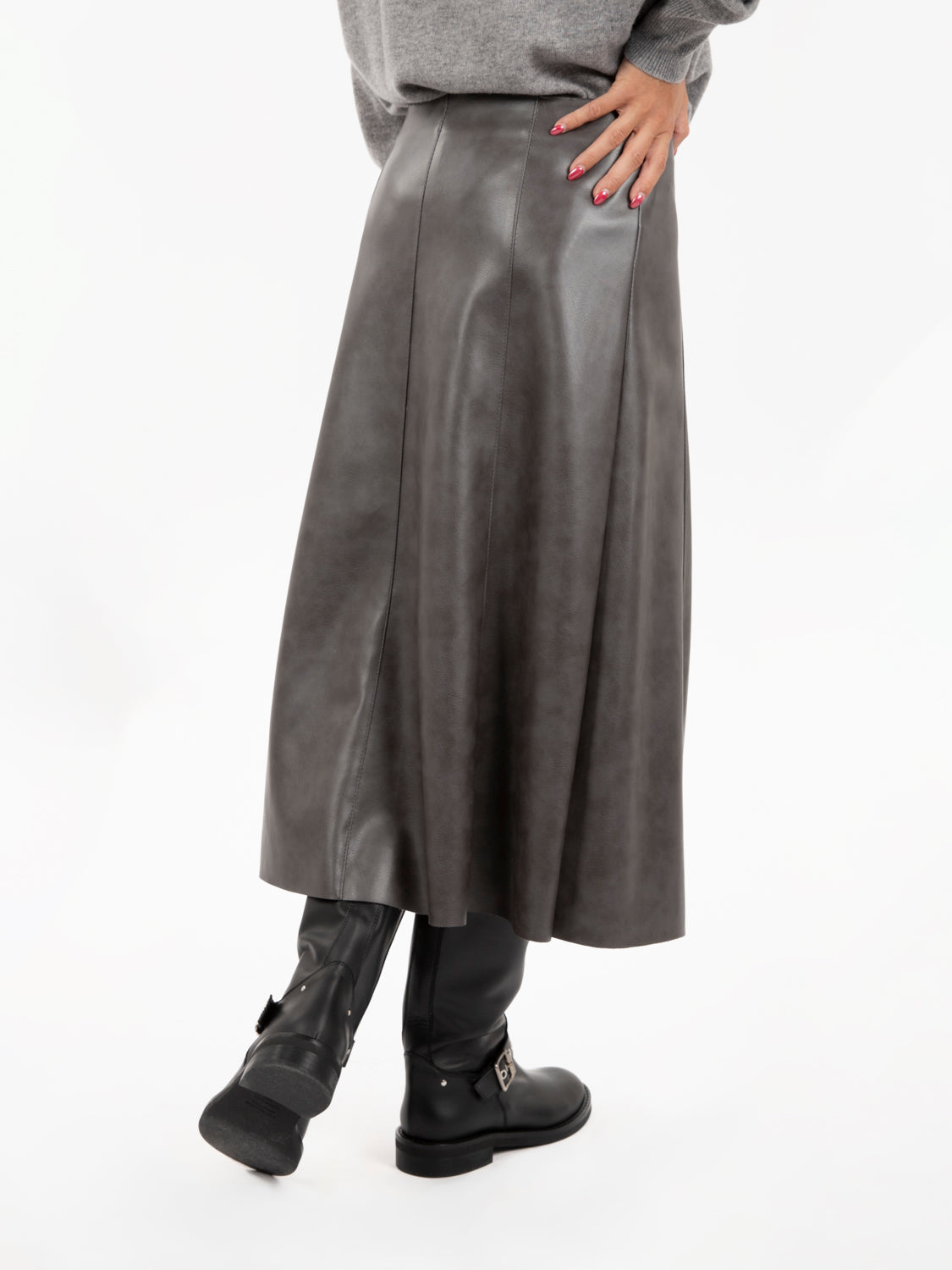 Grey faux leather midi skirt