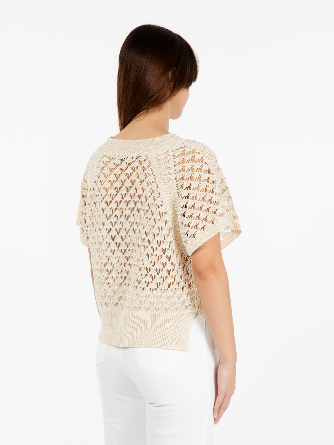 Maglia crochet a manica corta beige