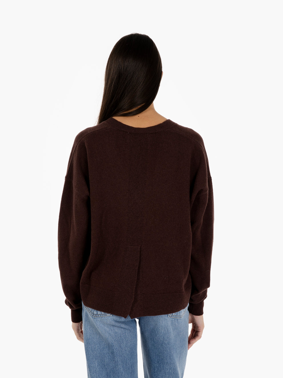 Dark brown V-neck sweater with back slit