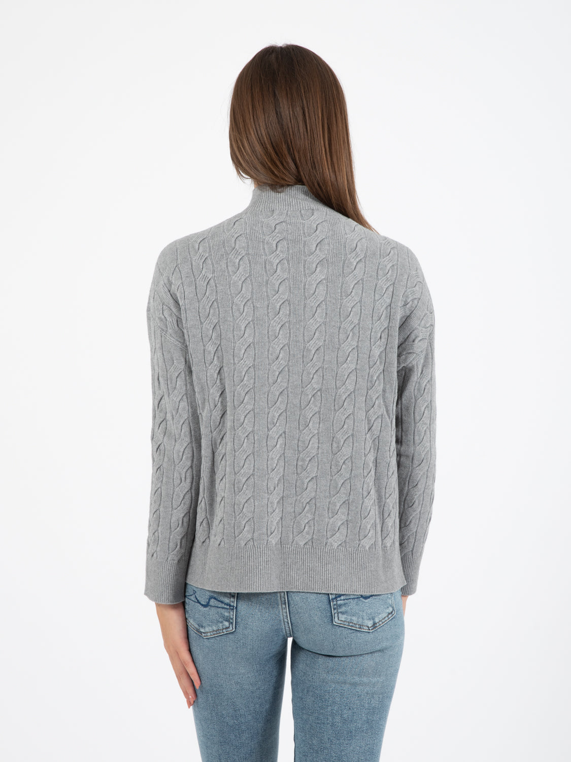 Grey cable knit turtleneck sweater