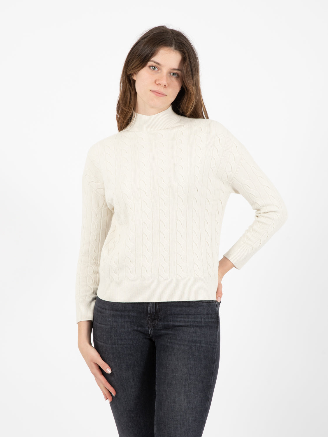 Cream cable knit turtleneck sweater
