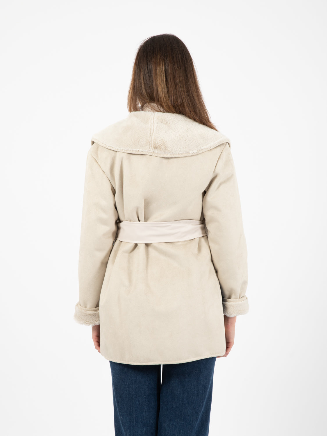 Short faux fur sheepskin with ice sash