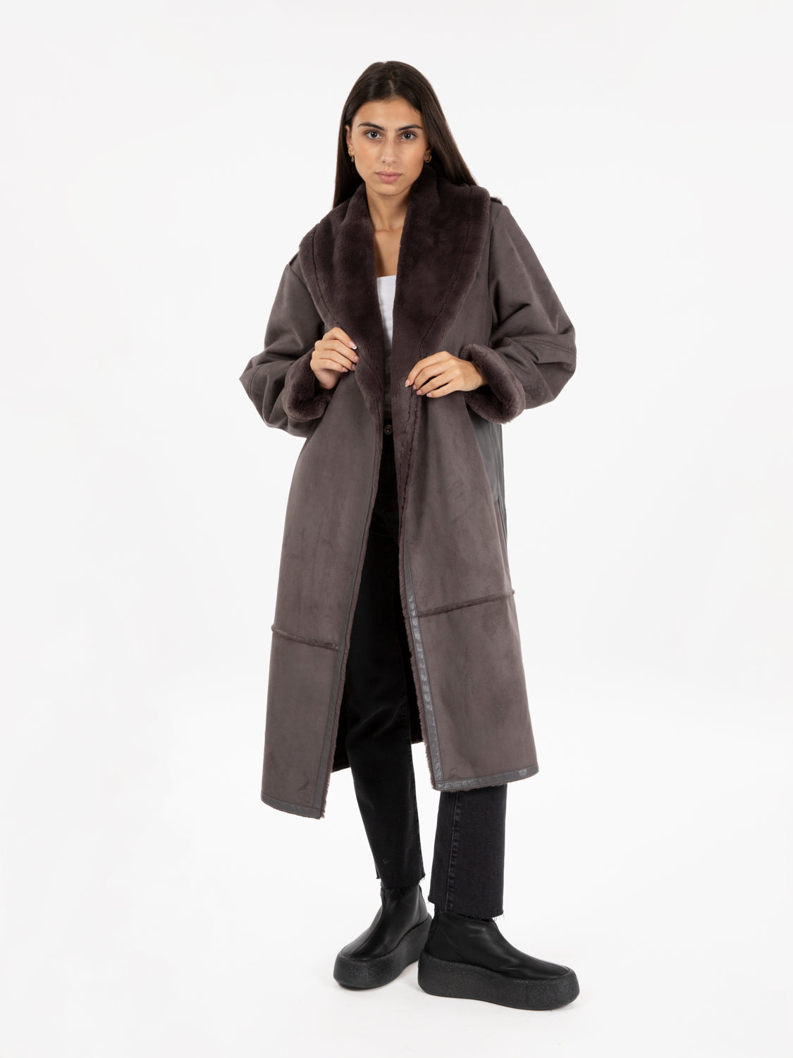 Long sheepskin with gray sash