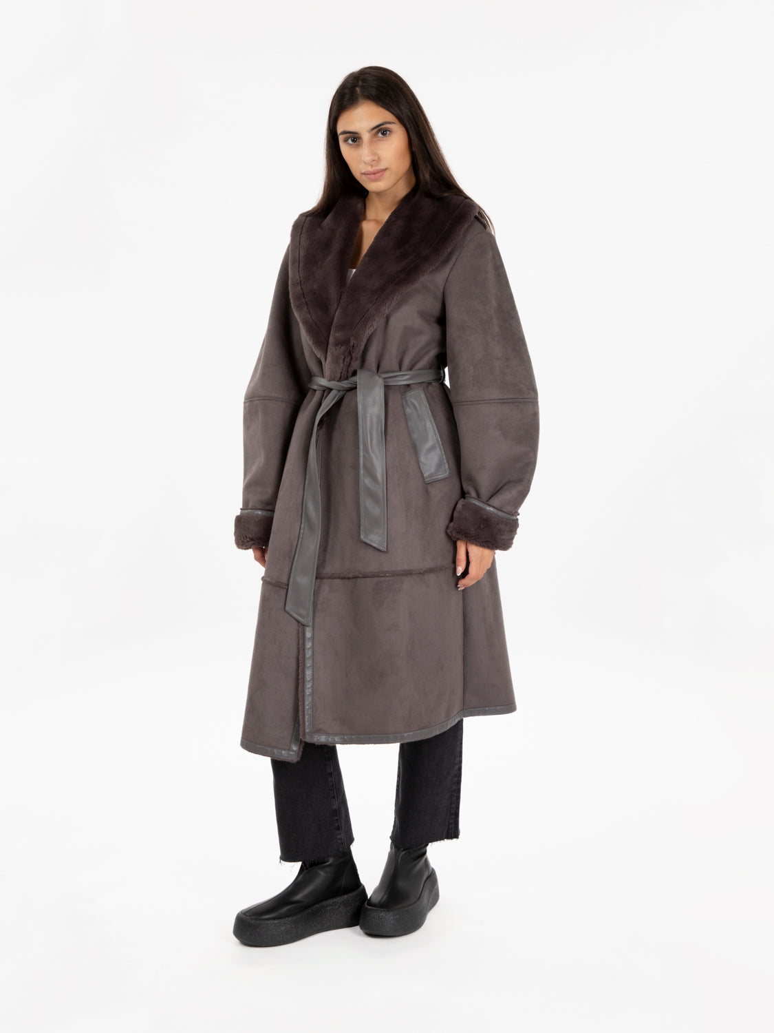Long sheepskin with gray sash