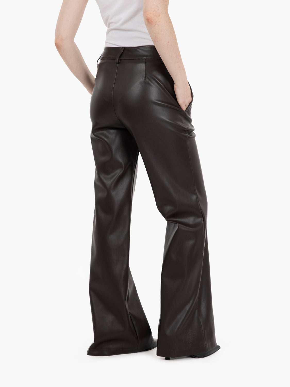 Dark brown flared faux leather trousers