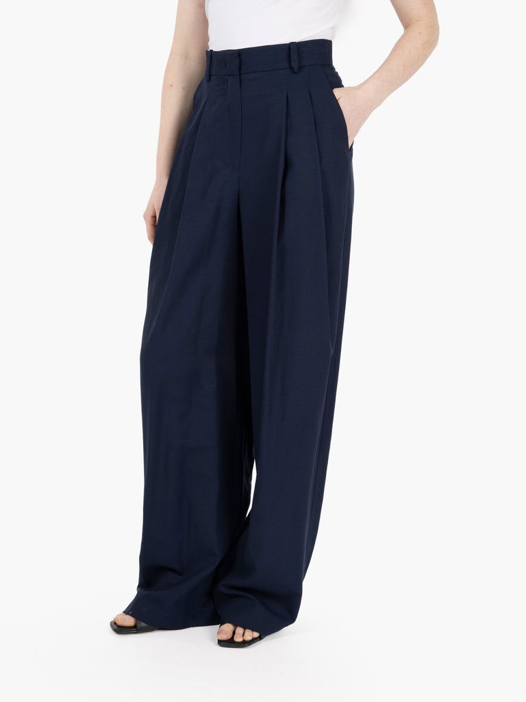 KAOS - Pantaloni wide viscosa e lino blu