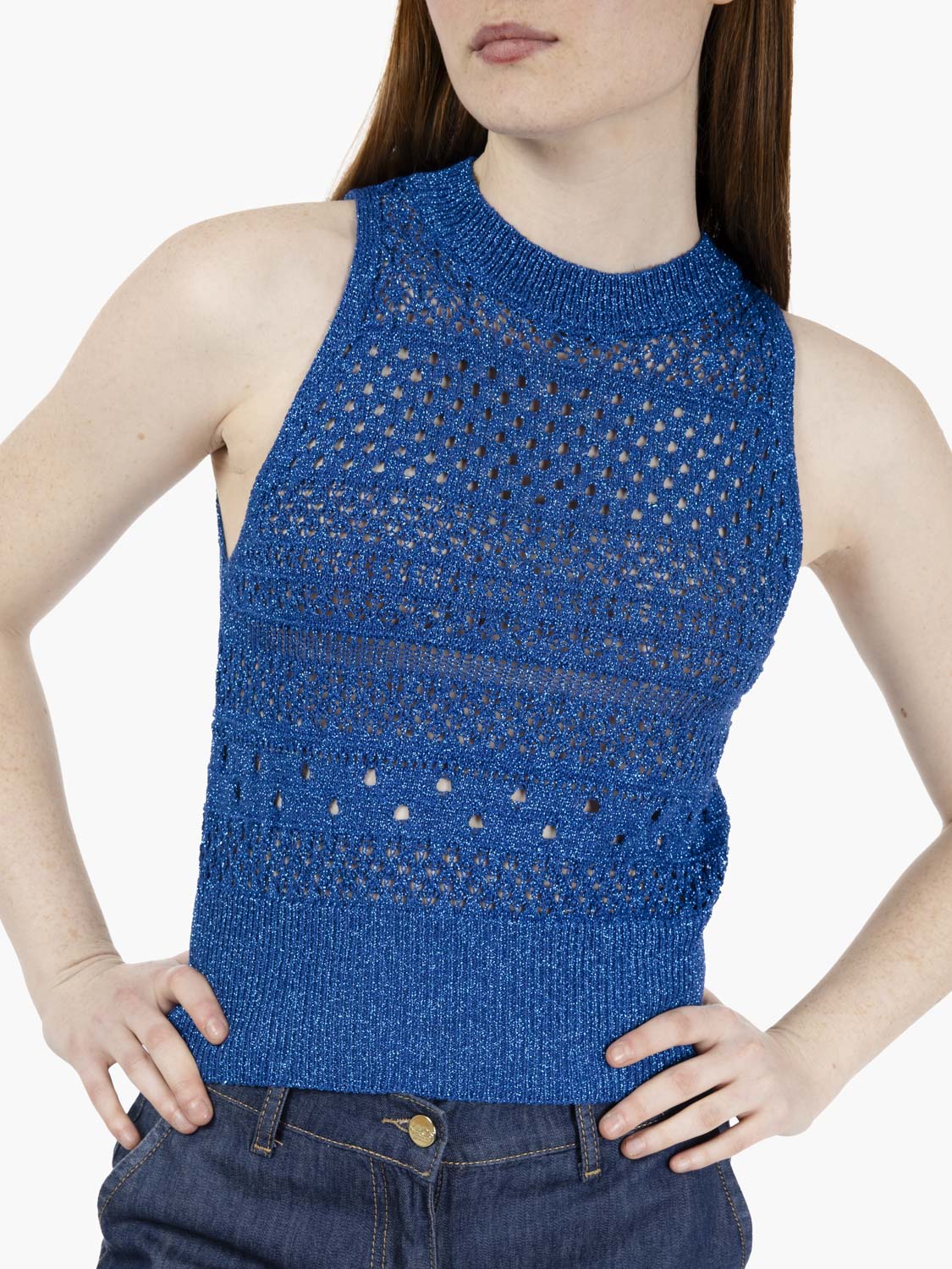 Top smanicato traforato bluette