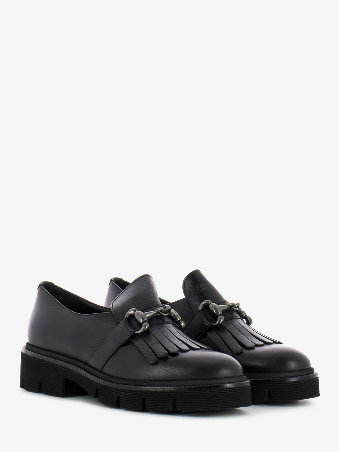 Black fringed leather loafers