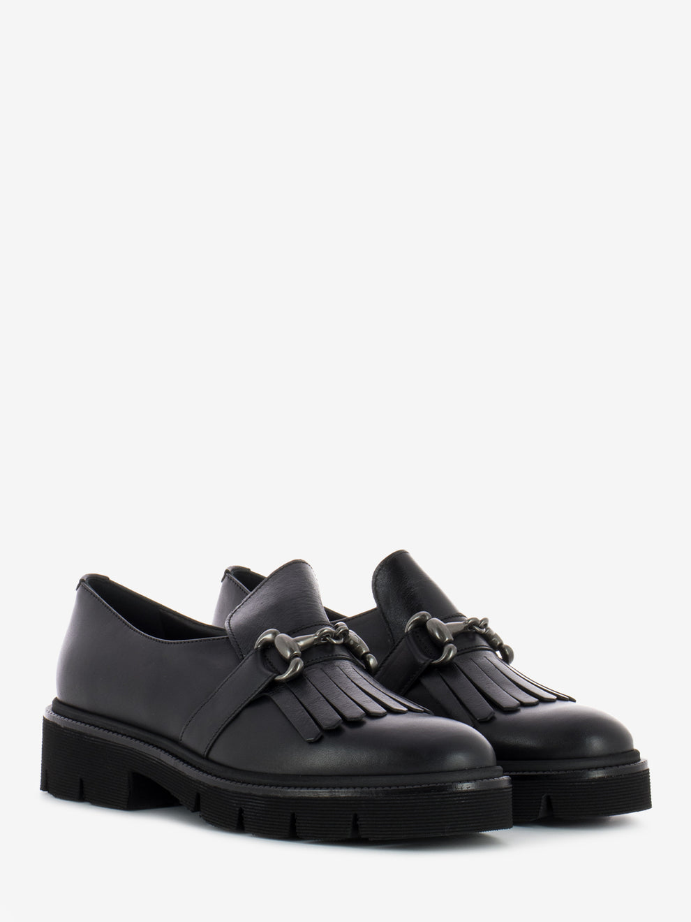 Black fringed leather loafers