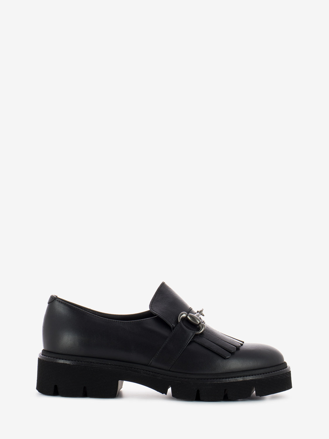 Black fringed leather loafers