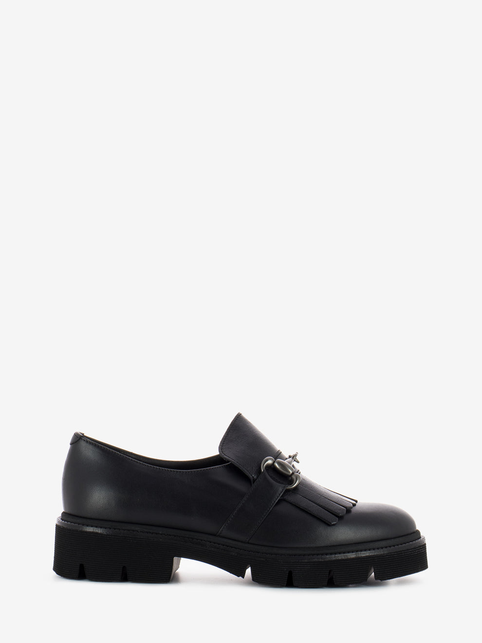 Black fringed leather loafers