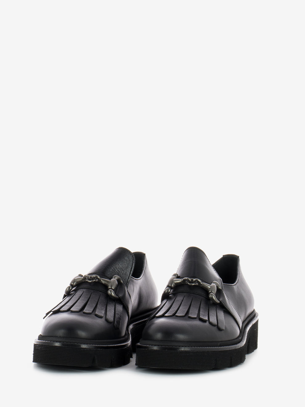 Black fringed leather loafers