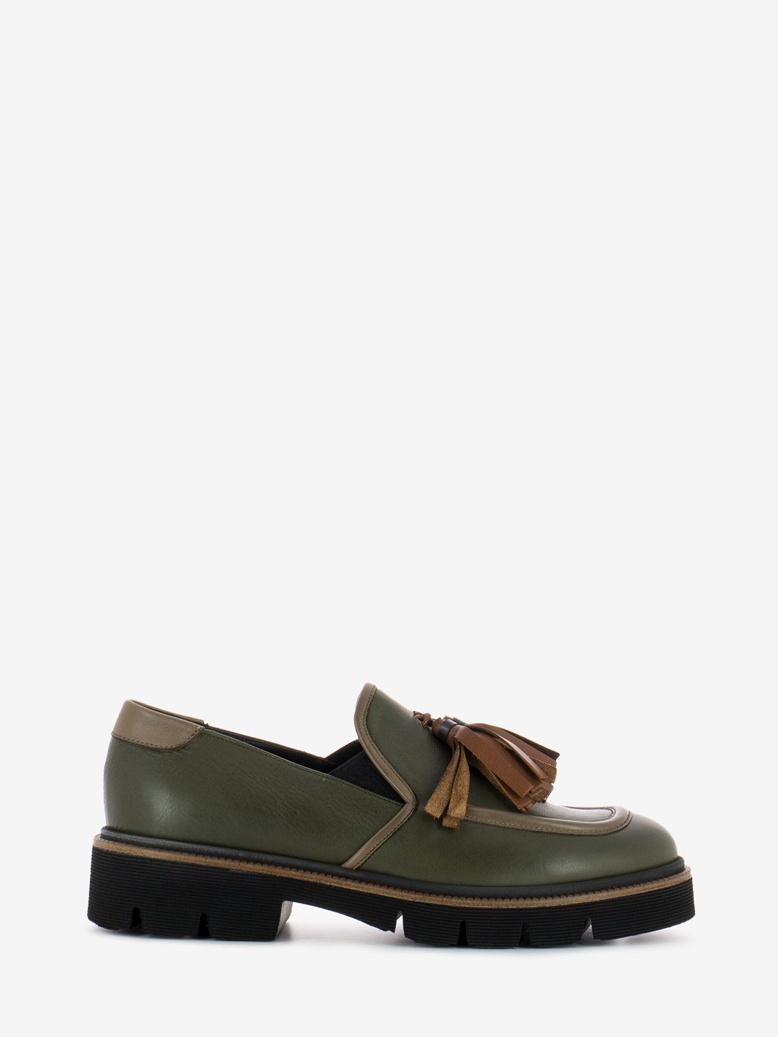 Green tassel leather loafers
