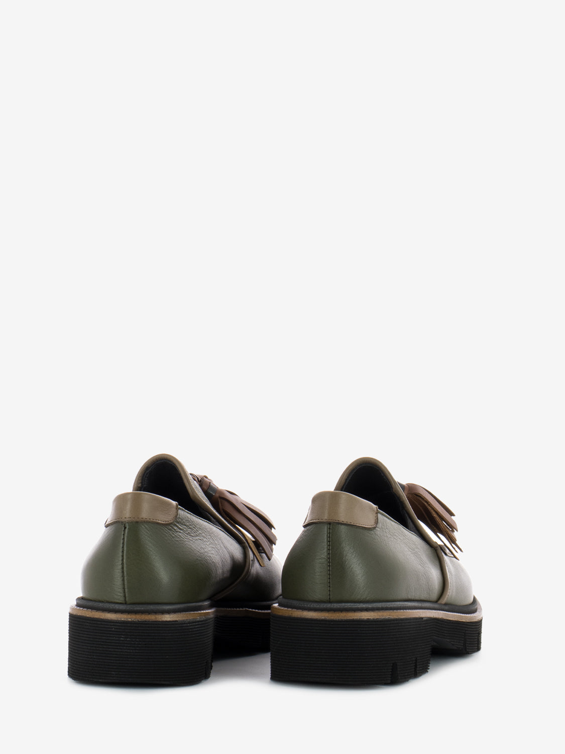 Green tassel leather loafers