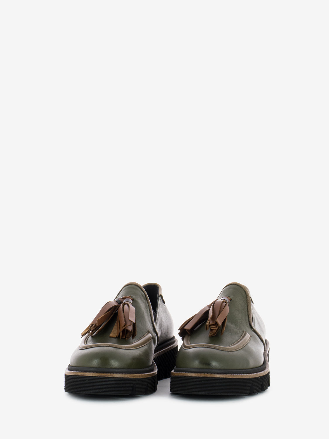 Green tassel leather loafers