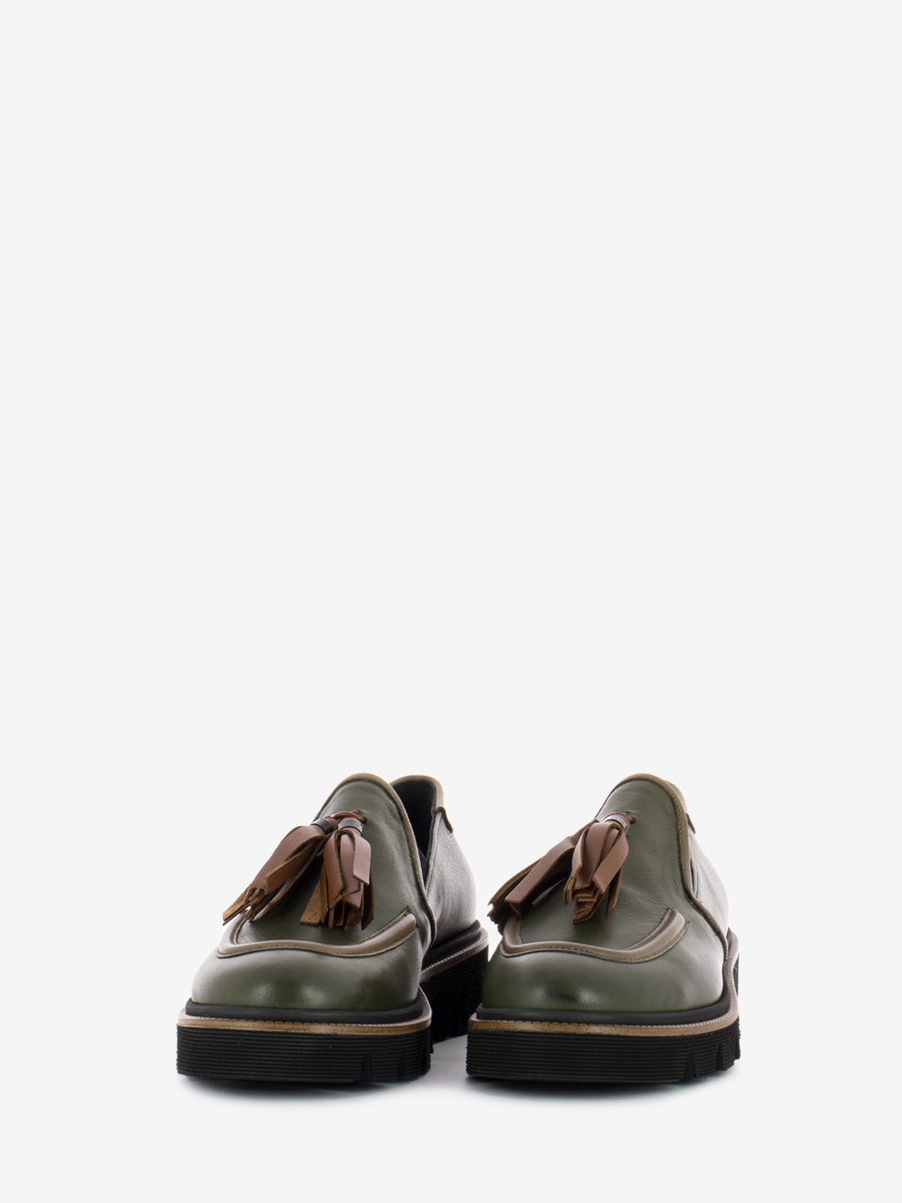 Green tassel leather loafers