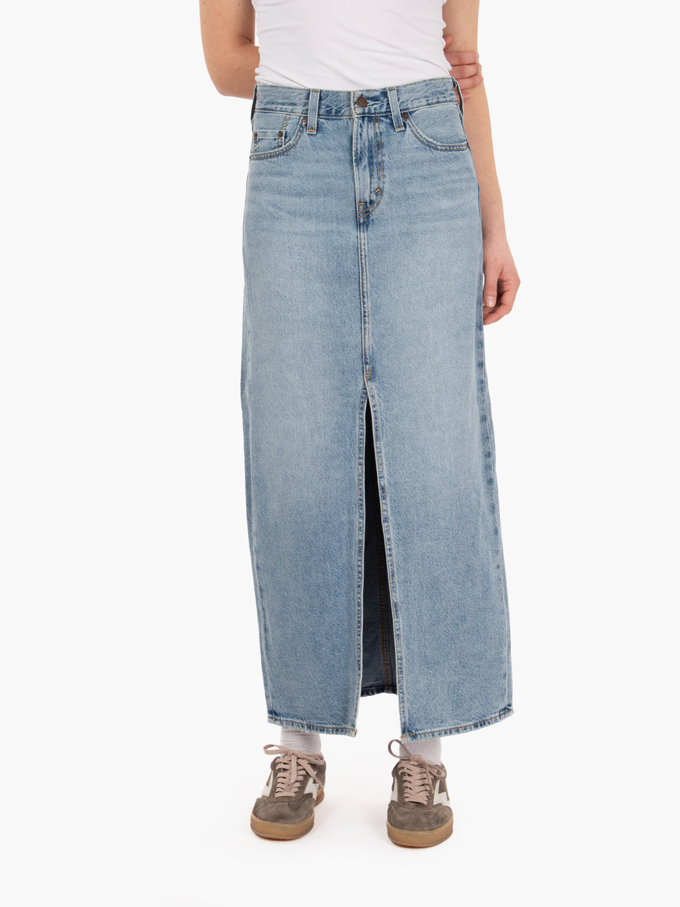 "Please Hold" light blue long skirt with slit