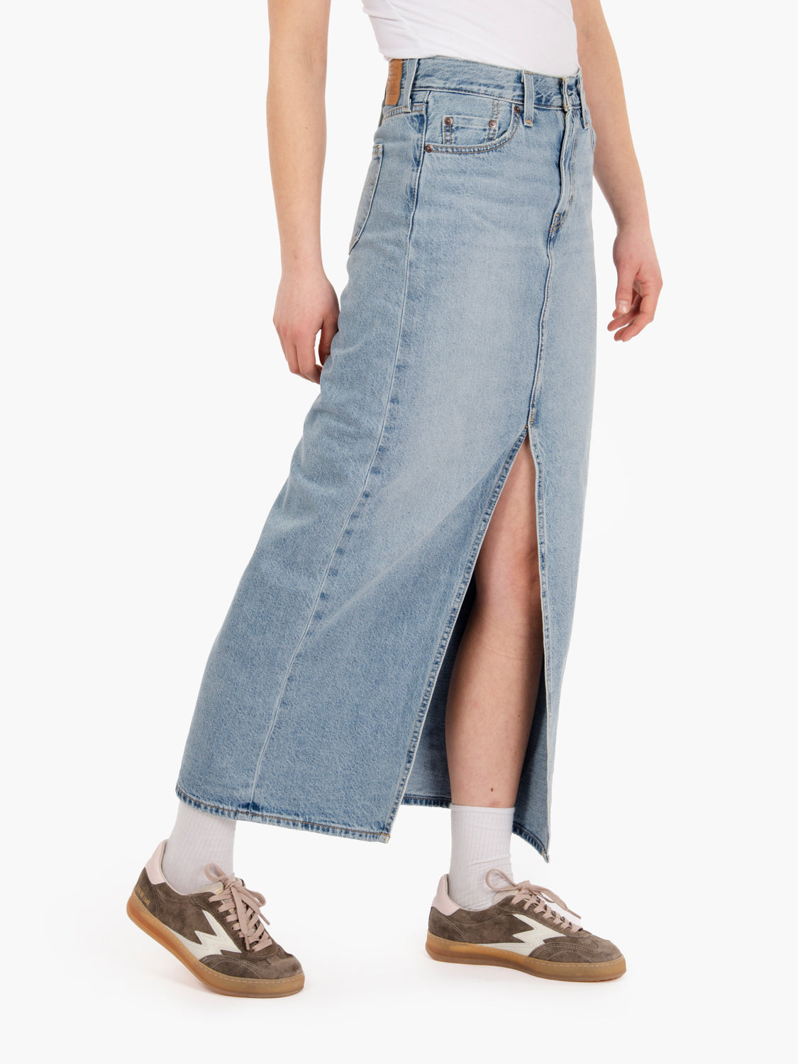 "Please Hold" light blue long skirt with slit