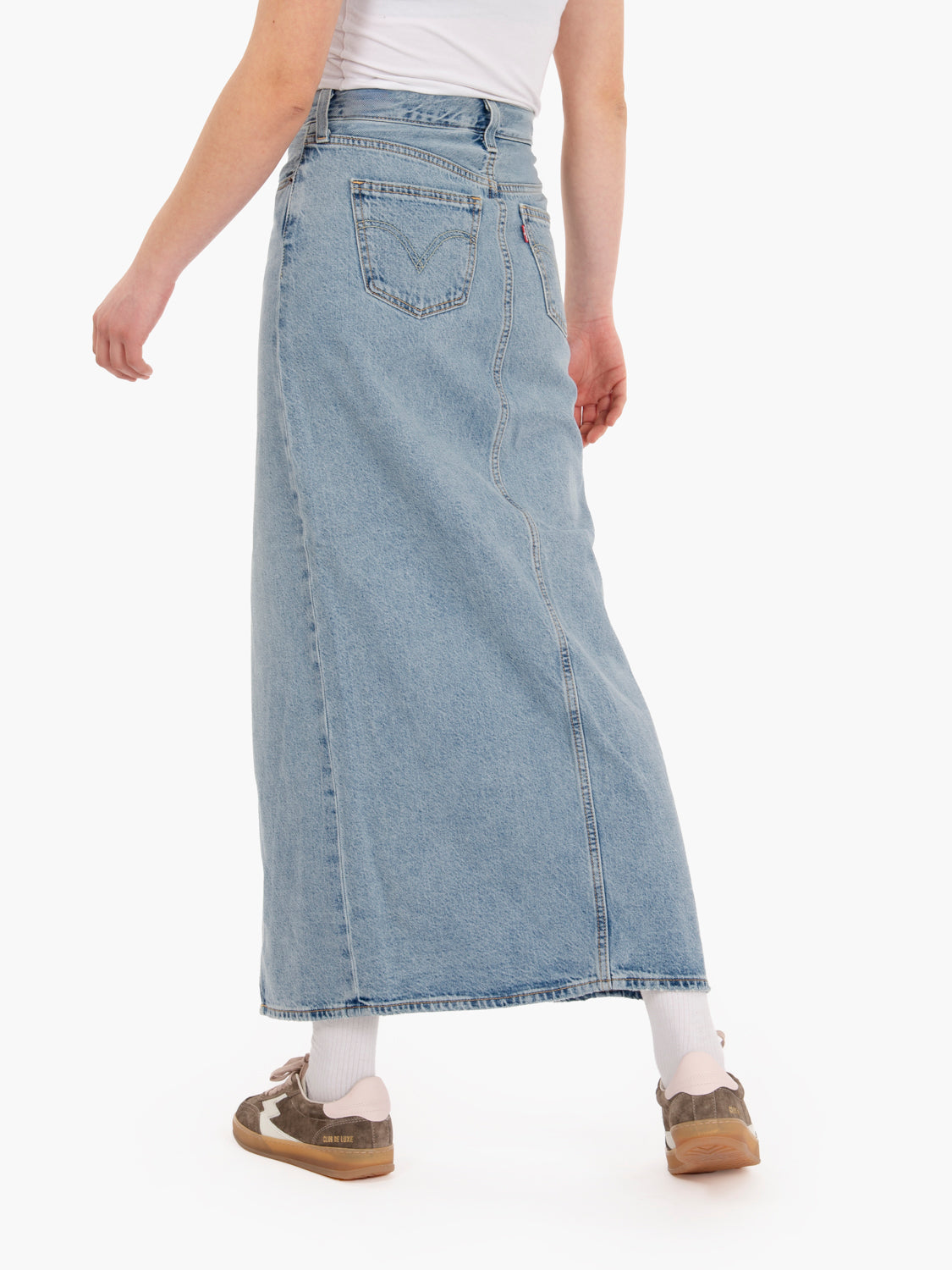 "Please Hold" light blue long skirt with slit