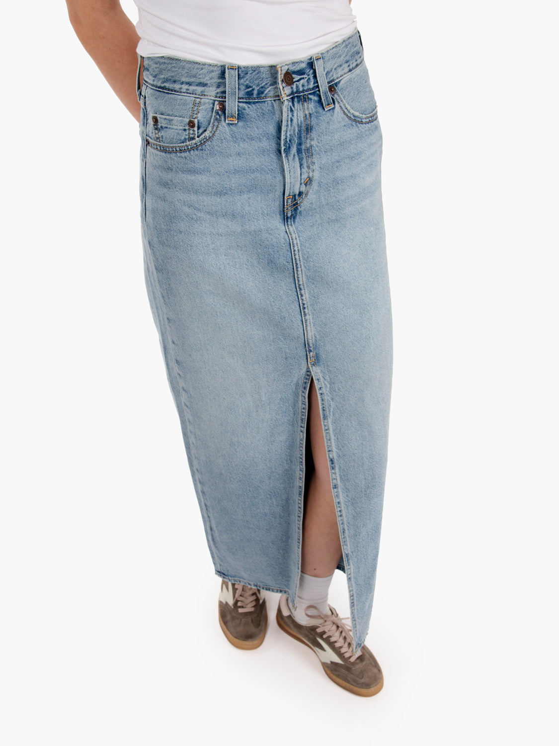 "Please Hold" light blue long skirt with slit