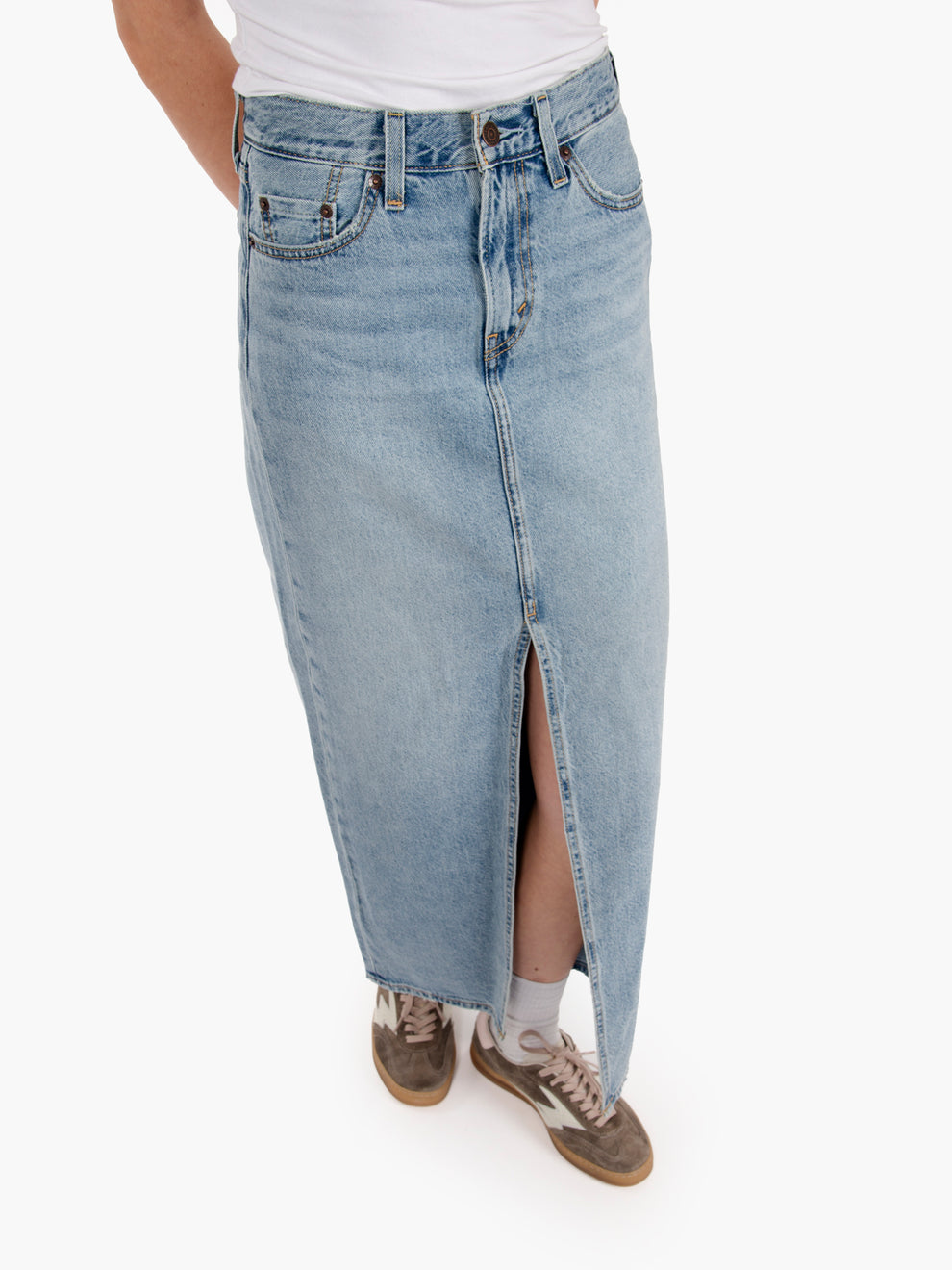 "Please Hold" light blue long skirt with slit