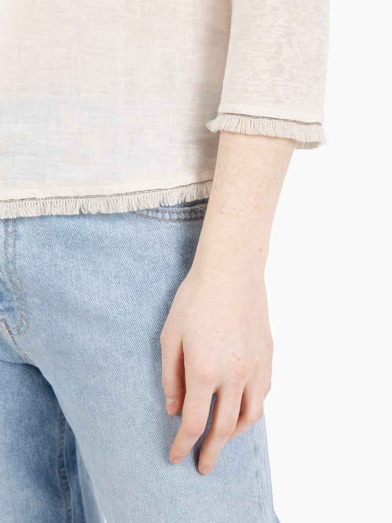 MAIDA MILA - Maglia a 3/4 orli sfrangiati beige