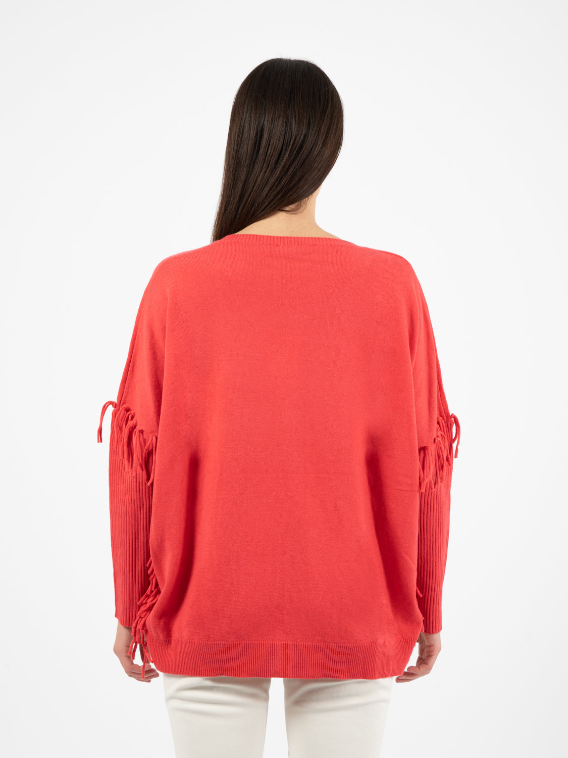 Maglia a V frange corallo