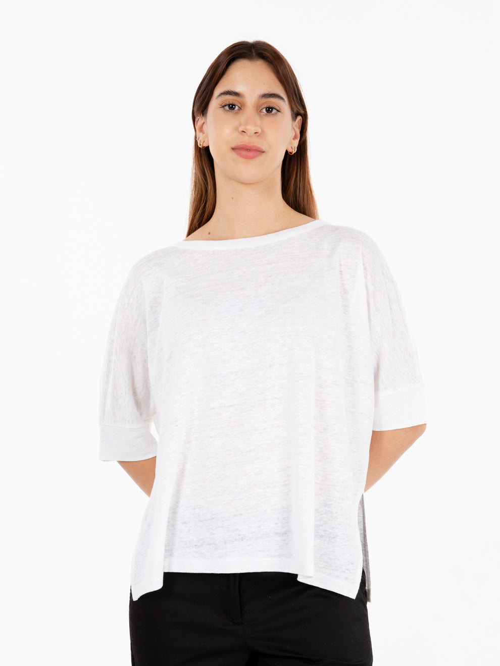 Wide kimono sleeve white linen sweater