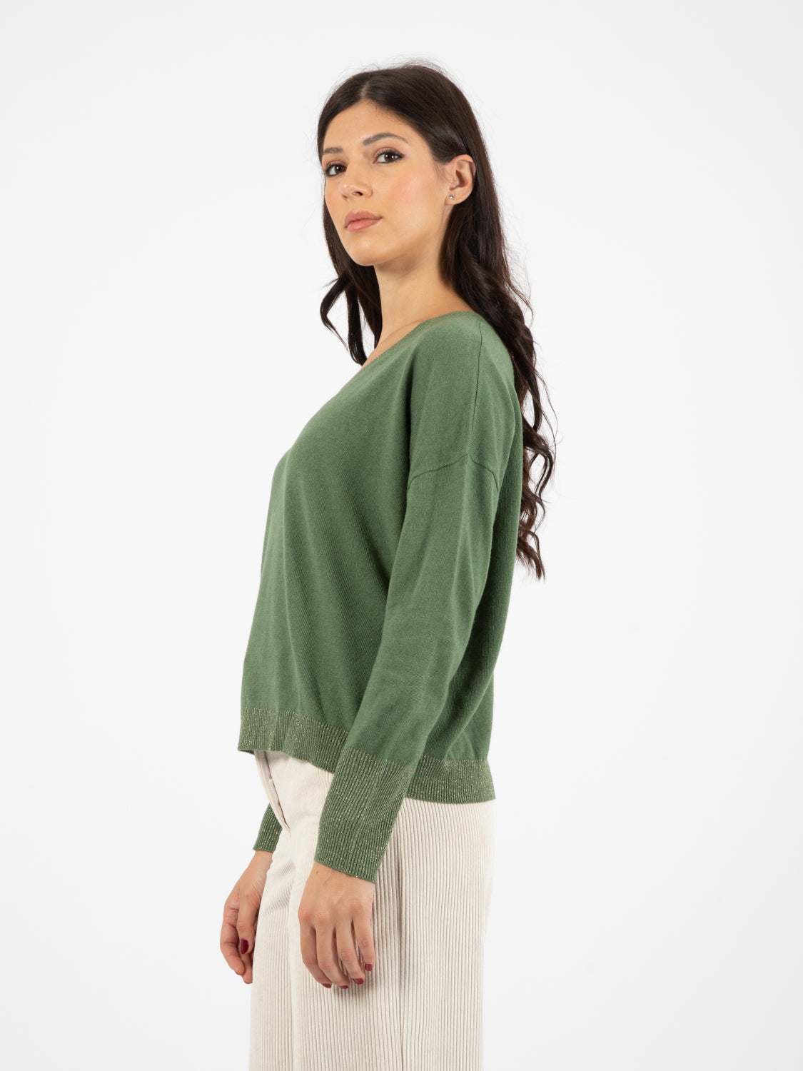 Maglia scollo a V lurex rosmarino