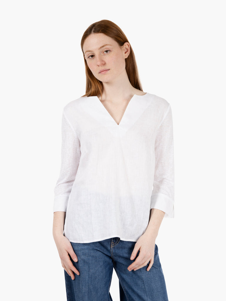 MAIDA MILA - Maglia viscosa e lino scollo a V bianco