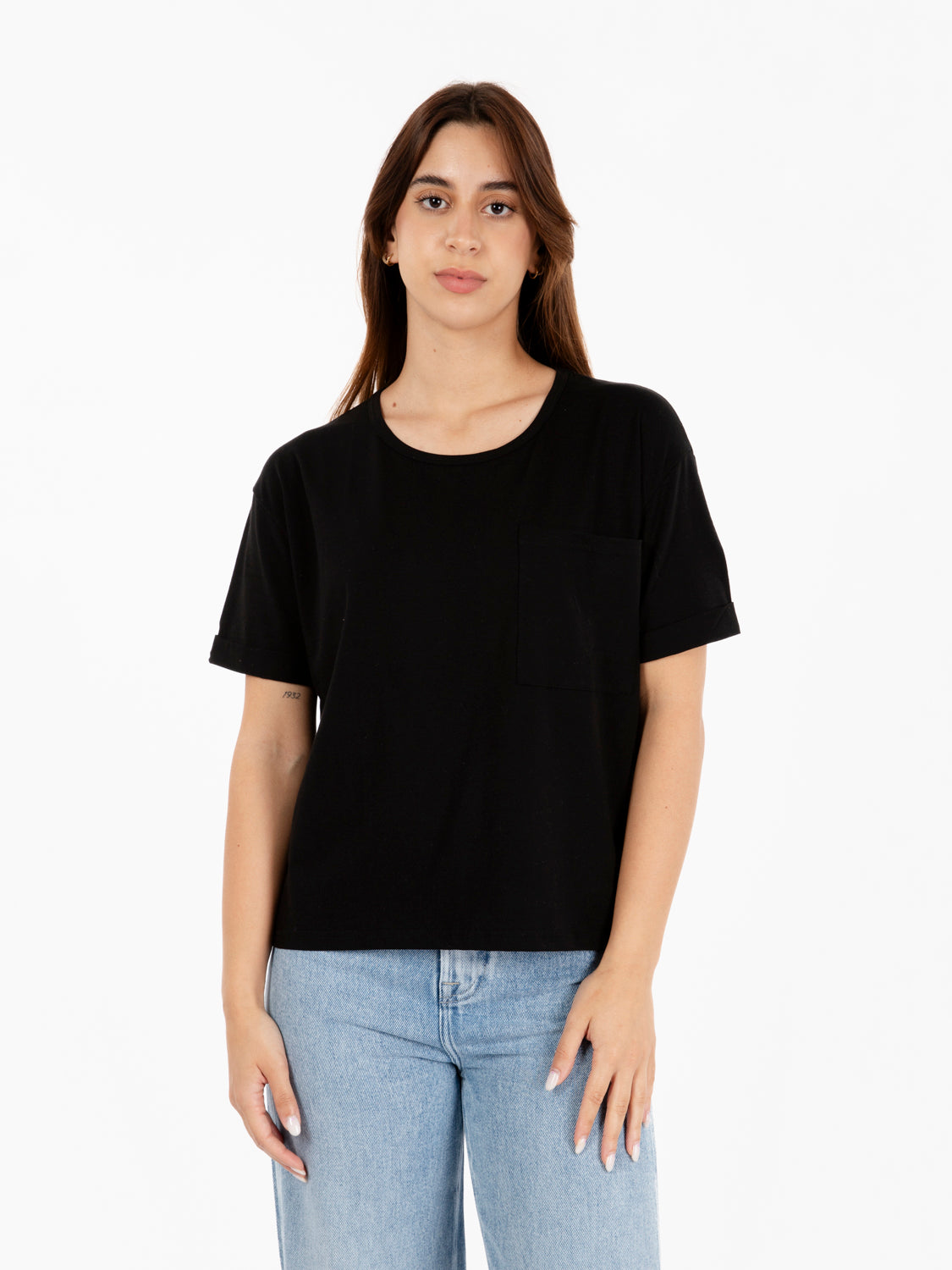 Black wide neck and pocket T-shirt