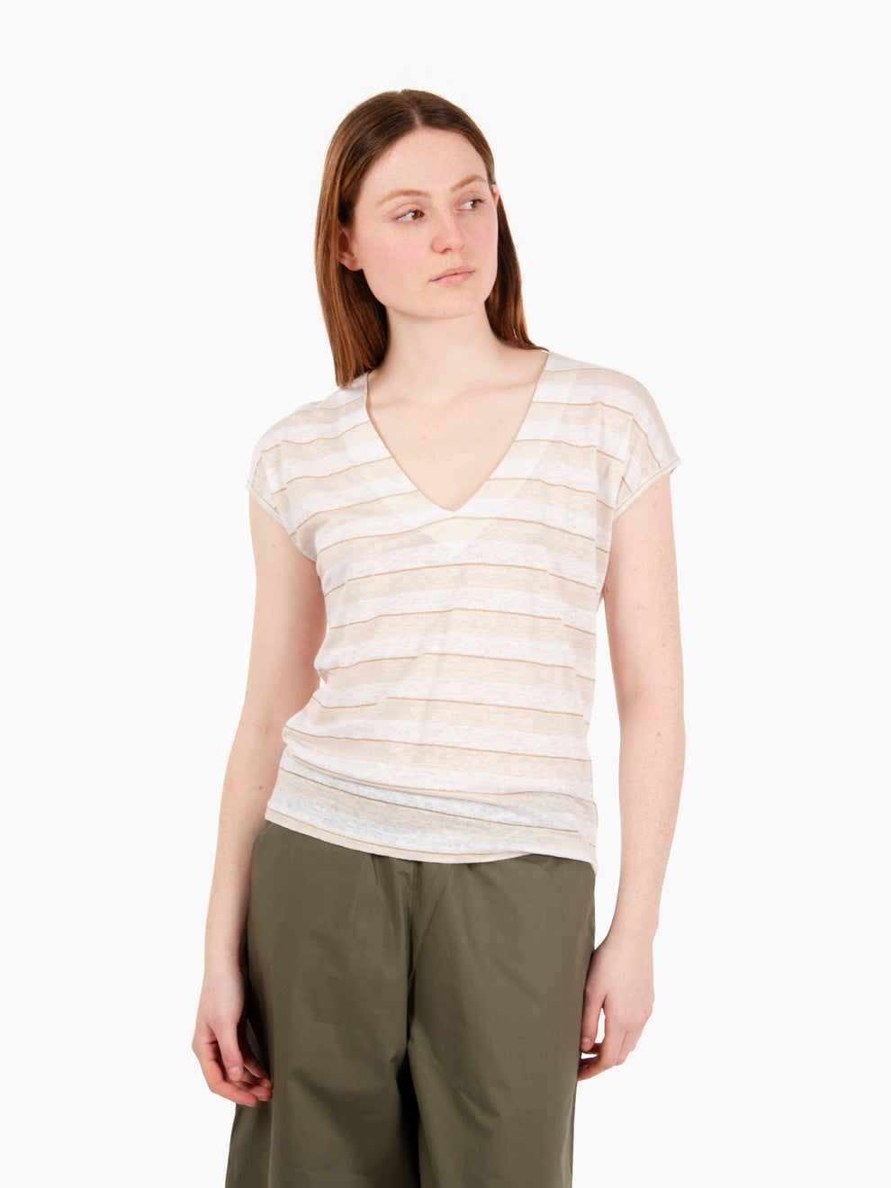 White/Beige Striped Linen T-Shirt