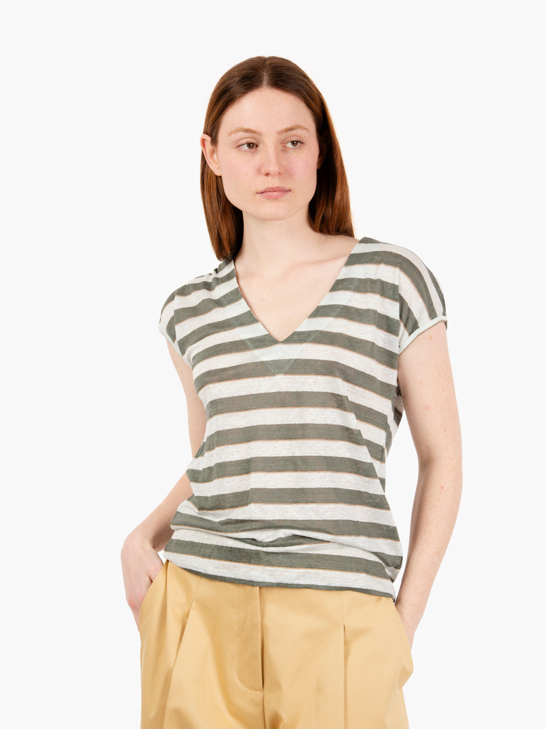 White/Green Laminated Striped Semi-Transparent Linen T-Shirt