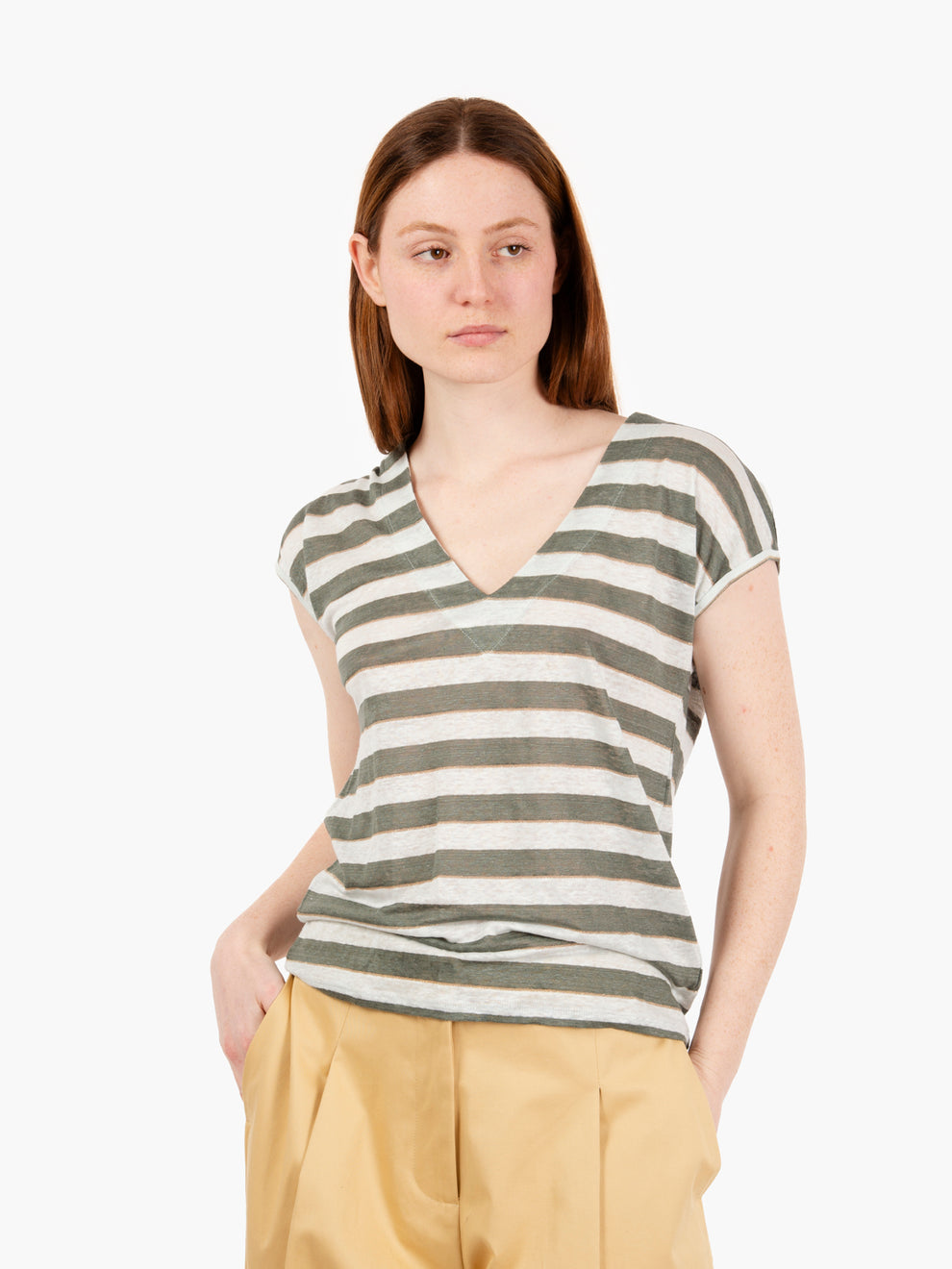 White/Green Laminated Striped Semi-Transparent Linen T-Shirt