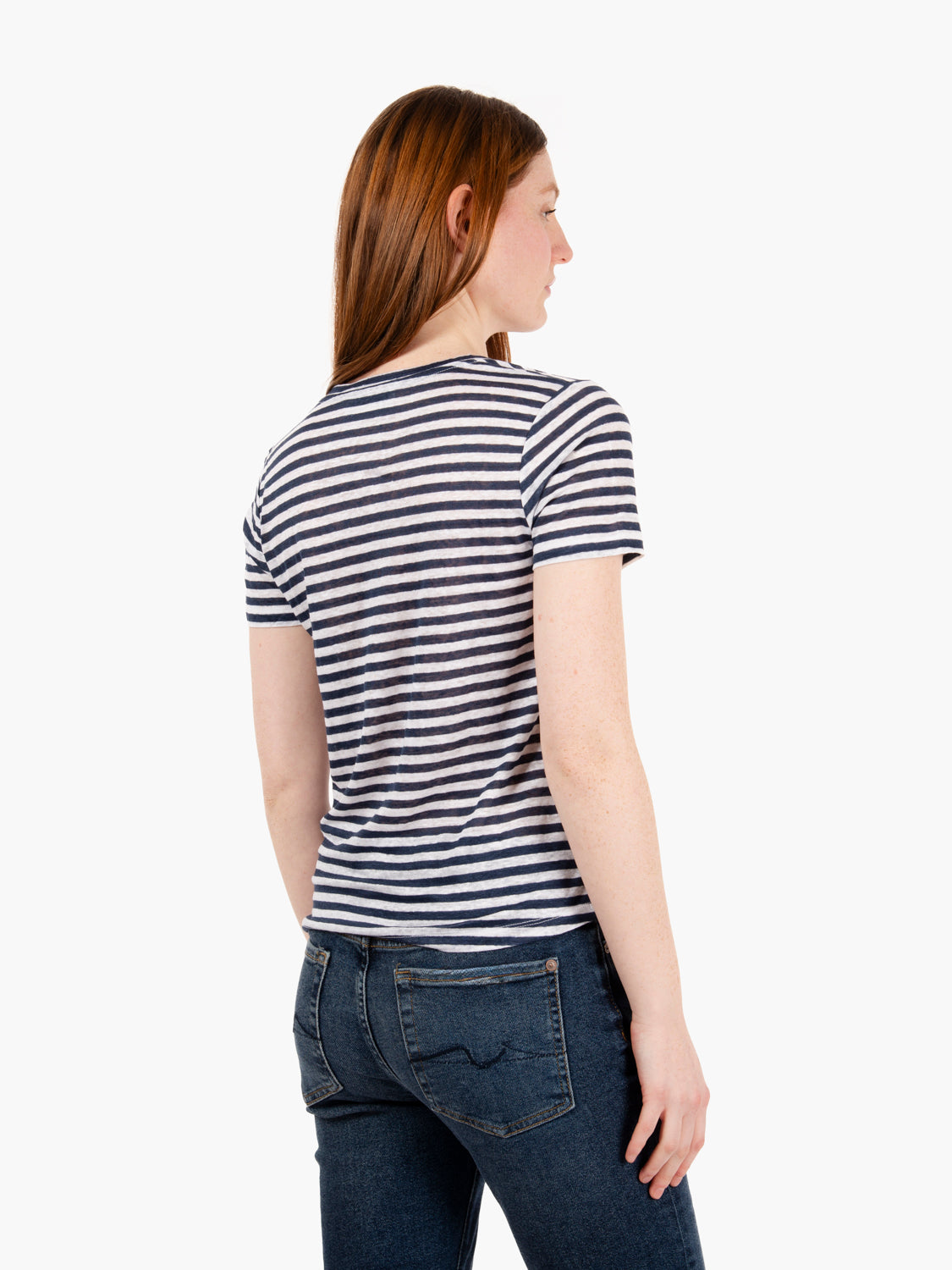 T-shirt in lino leggero a righe bianco / blu
